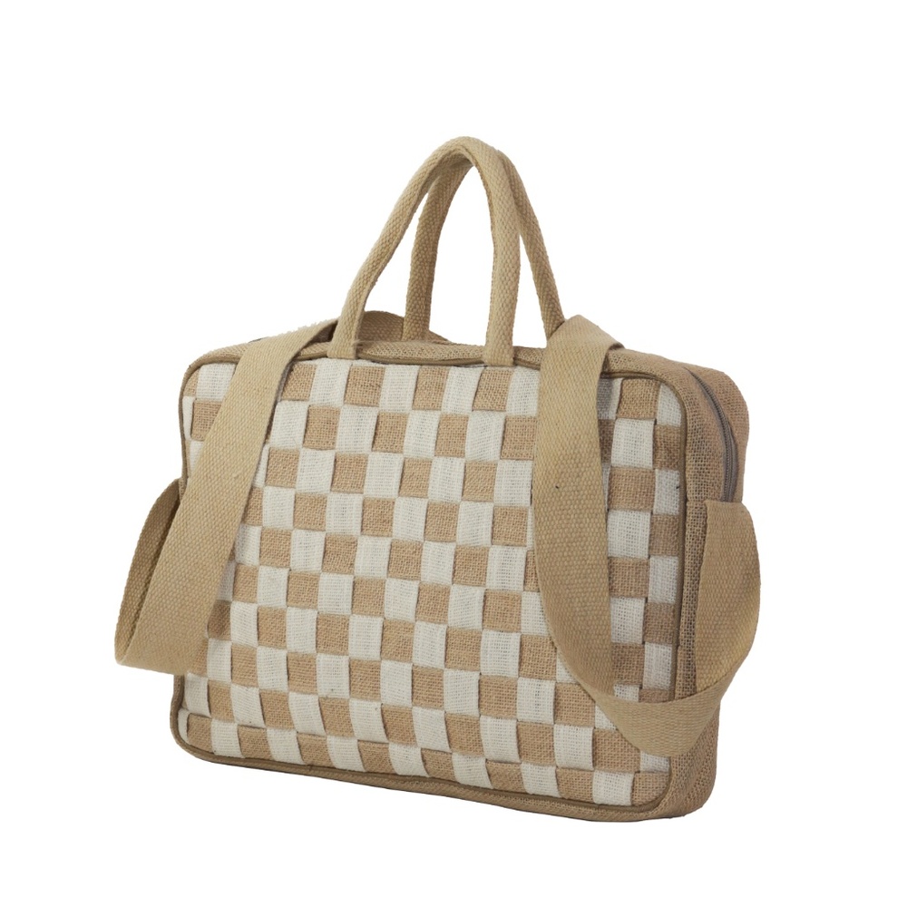The Metropolitan Checkered Jute White Laptop Handbag - Unisex